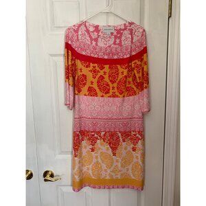 Donna Morgan 3/4 Sleeve Shift Womens Dress Size 8 Pink Yellow Knit Knee Length